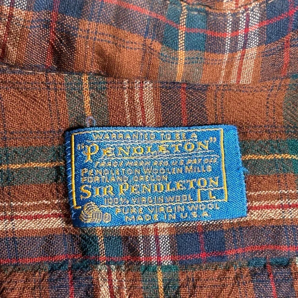 Sir Pendleton Plaid Shirt Mens Large Brown Plaid Wool Flannel Classic Outdoor